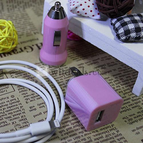iPhone5対応　Apple車載携帯充電器＆充電アダプタ＆iPhone5ケーブル　3件セット　ピンク